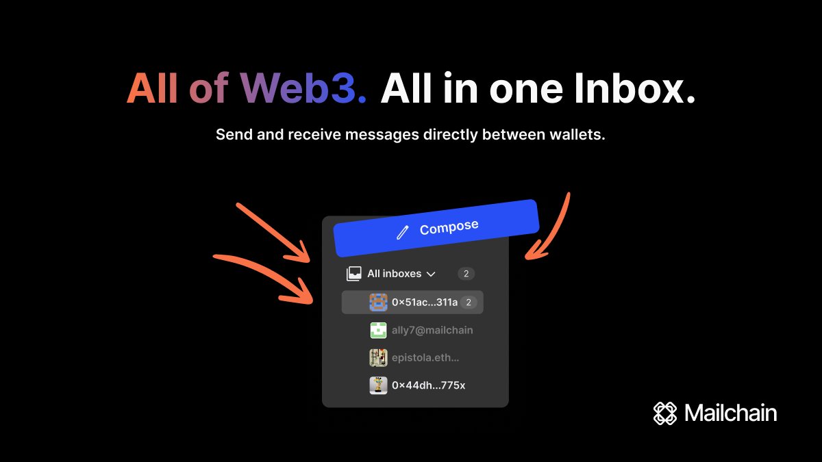 Introducing Mailchain! Email built for #Web3.  
Finally, you can send &amp; receive messages directly between wallets.  

💌 End-to-end encryption 
💌 Signup in 2 minutes or less 
💌 Connect as many wallets as you need 
💌 No charge or gas fees 

Signup now! app.mailchain.com