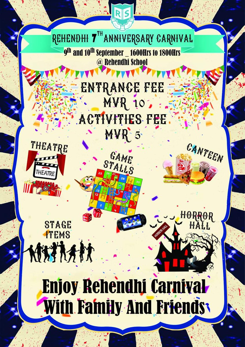 Rehendhi School (@rehendhischool) on Twitter photo Rehendhi 7th Anniversary Carnival 2022. Open for all well wishers.
September 9th and 10th <a href="/Rehendhi/">Aminath Rehendhi</a> School from 1600hrs to 1800hrs.
<a href="/MoEdumv/">Ministry of Education</a> Rehendhi 7th Anniversary Carnival 2022. Open for all well wishers.
September 9th and 10th <a href="/Rehendhi/">Aminath Rehendhi</a> School from 1600hrs to 1800hrs.
<a href="/MoEdumv/">Ministry of Education</a>