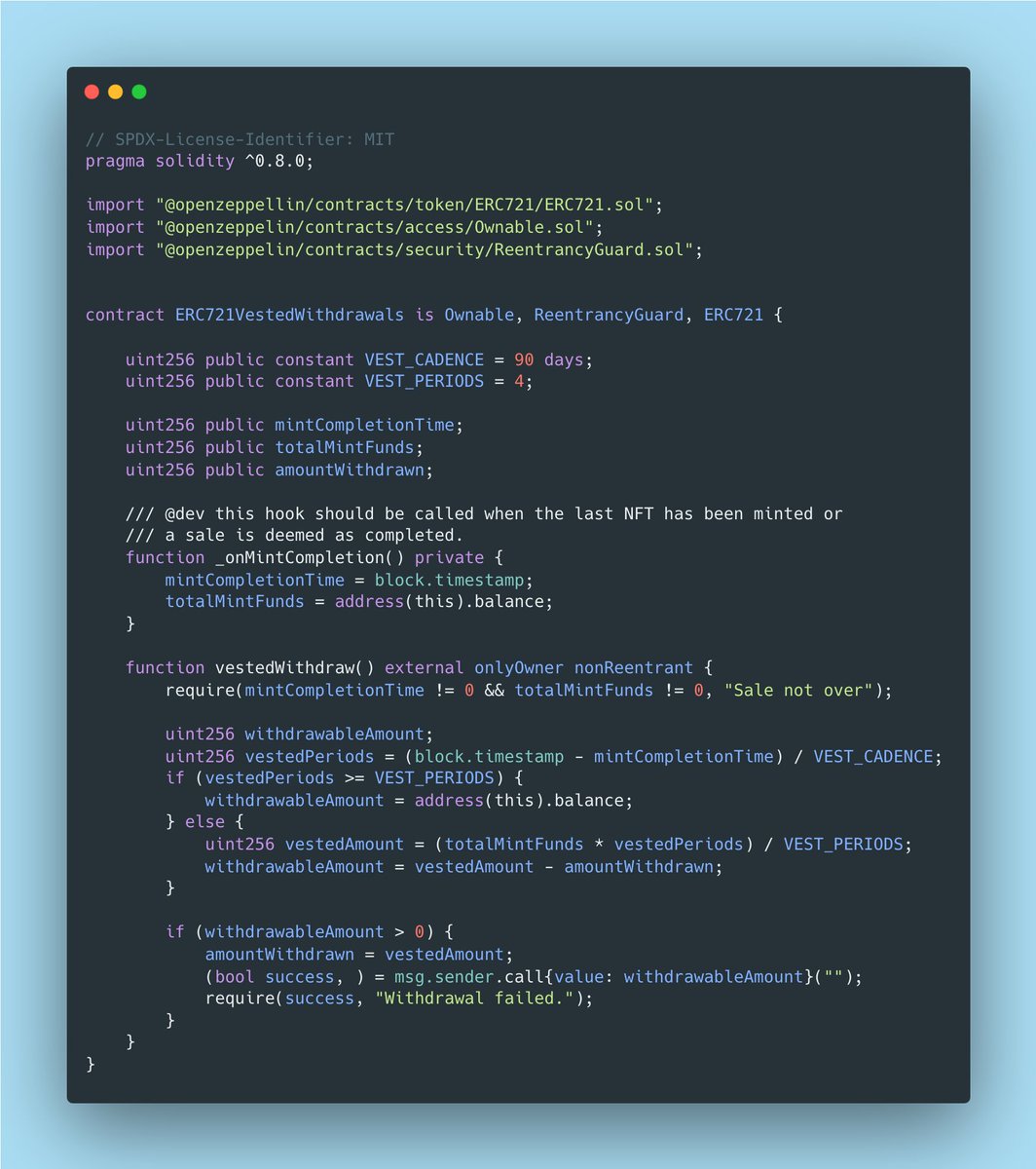 0xCygaar's tweet photo. I've seen several projects misallocate funds right after a mint. One solution is to vest these funds over time, so owners are more careful with the money and use it only for essentials.

Here's a short code snippet on how a vested withdrawal can be implemented in an NFT contract: https://t.co/82t3pjQyi2