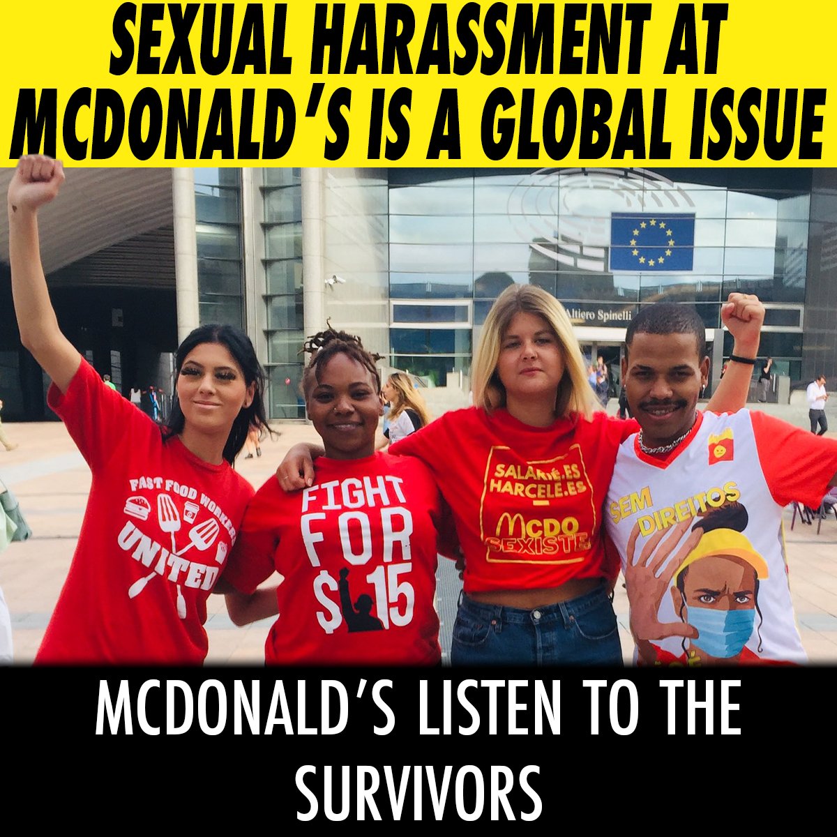 On Wednesday, the survivors of sexual harassment @Mcdonalds from around the world spoke out about their experience at the EU parliament in Brussels.
 McD’s must hear our stories and support a worker led solution to the harassment in our stores!

#MeTooMcDonalds #FastFoodGlobal