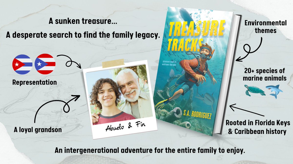 SAMarRodriguez's tweet photo. TREASURE TRACKS is an intergenerational story about a devoted grandson on a quest to help his ailing abuelo discover true treasure. It's a feel-good book to share on #grandparentsday.

#mglit #HispanicHeritageMonth #books #ReadLatinx #family https://t.co/YDWnAC4on2