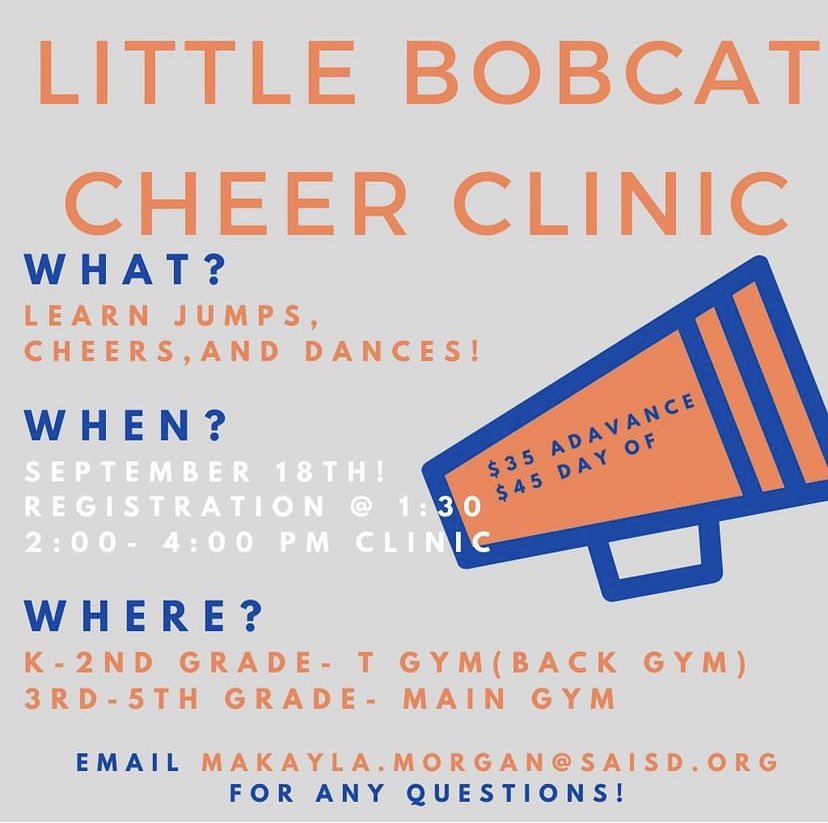 HEY SAN ANGELO! It’s that time of year again, Little Bobcat Cheer Clinic!! Come out and learn jumps, cheers, and dances from your CHS Cheerleaders! Sign up through the link in our bio! GO 😡🍊#sicem #BTLTCCF