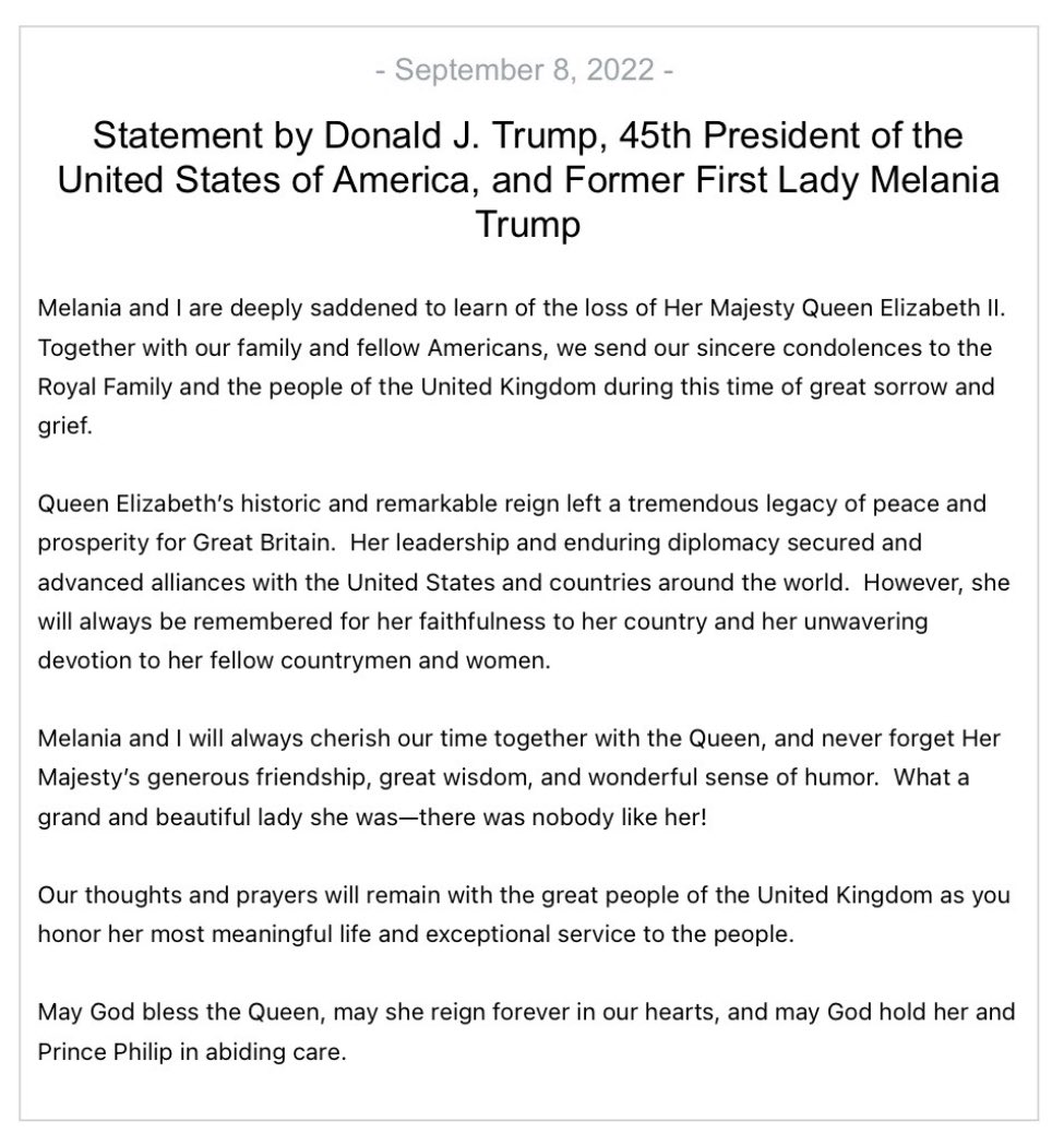 Statement by Donald J. Trump, 45th President of the
United States of America, and Former First Lady Melania
Trump: