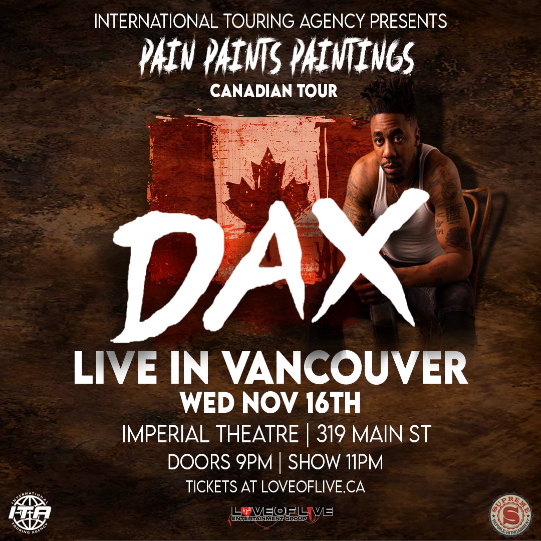 Canadian hip hop artist <a href="/thatsdax/">Dax</a> is taking his debut album "Pain Paints Paintings" on tour! Tickets for his show here on November 16th are on sale now via <a href="/AdmitOneLive/">AdmitONE</a>.