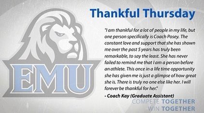 emu_wbb's tweet photo. Happy Thankful Thursday! Feelings couldnβt be more mutual Coach Kay! We are all grateful for you! #competewithfire #competetogether #attitudeofgratitude https://t.co/H3m9jFF5tw