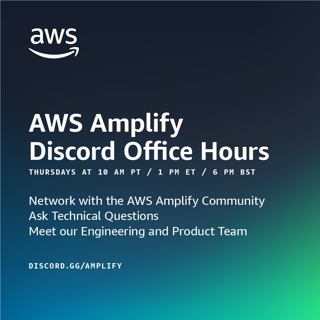 Join us for another session of <a href="/AWSAmplify/">AWS Amplify</a> Discord Office Hours in 20 minutes!

We are starting at 1pm ET / 10am PT. 

#aws #fullstack #serverless

discord.gg/Ku9Ygrhh?event…