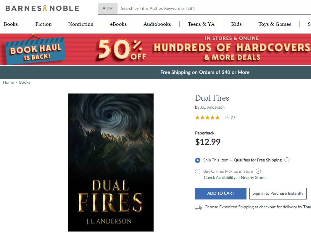 DualFiresAuthor's tweet photo. Fun little win of the week - I discovered that Dual Fires is now available on the Barnes &amp; Noble online bookstore! That brings me one step closer to taking over the world...

https://t.co/JudeLAKuHC https://t.co/Ve4BUMIuKI