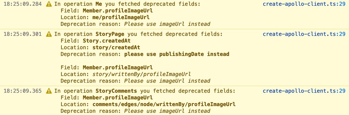 I wanted to get noticed when using deprecated fields in my #GraphQL queries, so I built a simple @graphql_java instrumentation, that adds all used deprecated fields to the extensions field. An own @apollographql Link logs the fields to the console. ICYI: gist.github.com/nilshartmann/d…