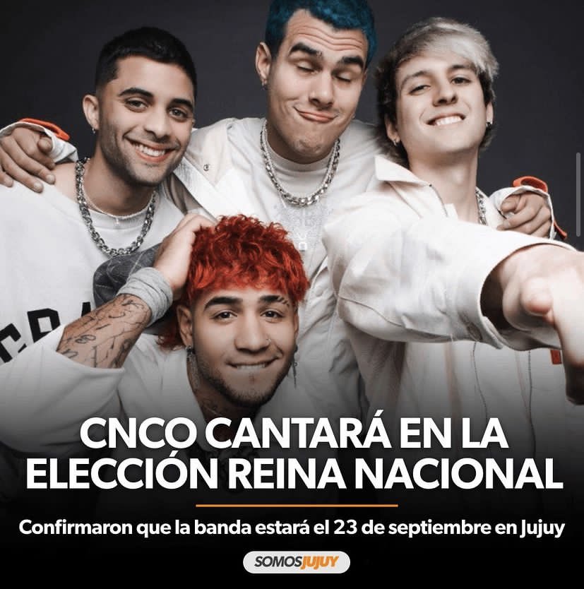 CNCOupdatess's tweet photo. 📆|| El próximo 23 de Septiembre los chicos se estarán presentando en el Festival de la Elección de la Reina Nacional en el " Estadio 23 de Agosto " San Salvador, Jujuy, Argentina 🇦🇷. 

#CNCO https://t.co/tq7LlASuve
