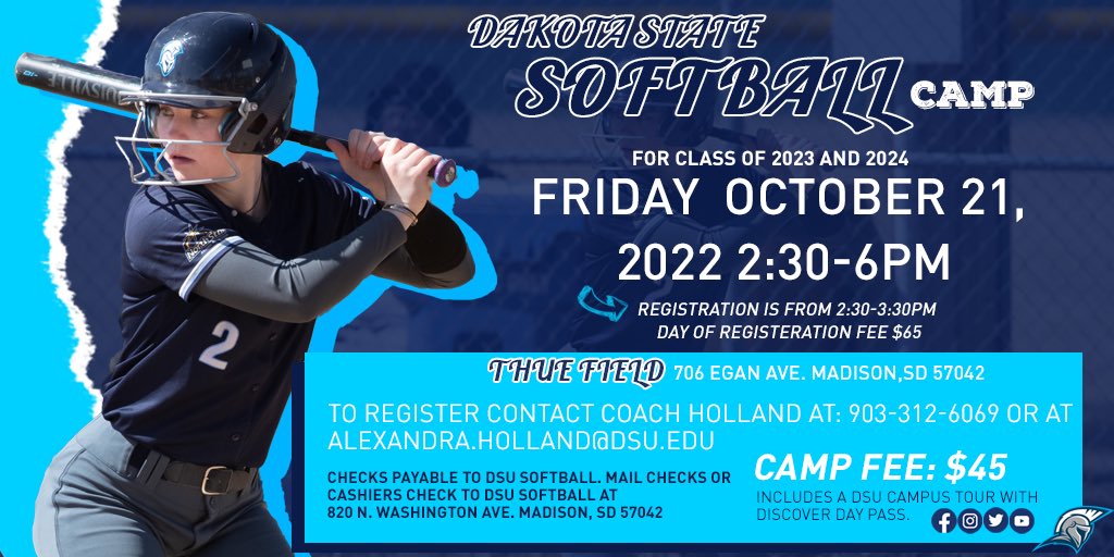 DSUSoftball's tweet photo. Dakota State University will be having a skills camp October 21st! Sign up today! https://t.co/mbFSiIqxVk https://t.co/EbICGcipCG