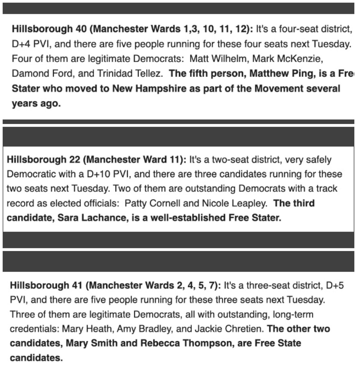 ChairmanBuckley's tweet image. MANCHESTER DEMOCRATS! Read before you vote! Out of State radical “FreeStaters” are running in Dem primaries for state rep! Vote our values! Vote for REAL Democrats 9/13!

 #NHPolitics