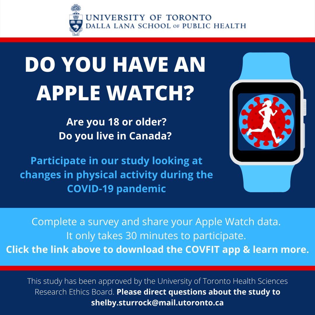 ⌚️ Are you an Apple Watch user?
🇨🇦 Do you live in Canada?
🦠 Are you 18 years of age or older?
🏃🏼‍♀️🏋🏽‍♂️🧘🏿‍♀️ Participate in our study looking at changes in physical activity during the pandemic. Download the study app at the link below ⬇️ 
apps.apple.com/ca/app/covfit-…