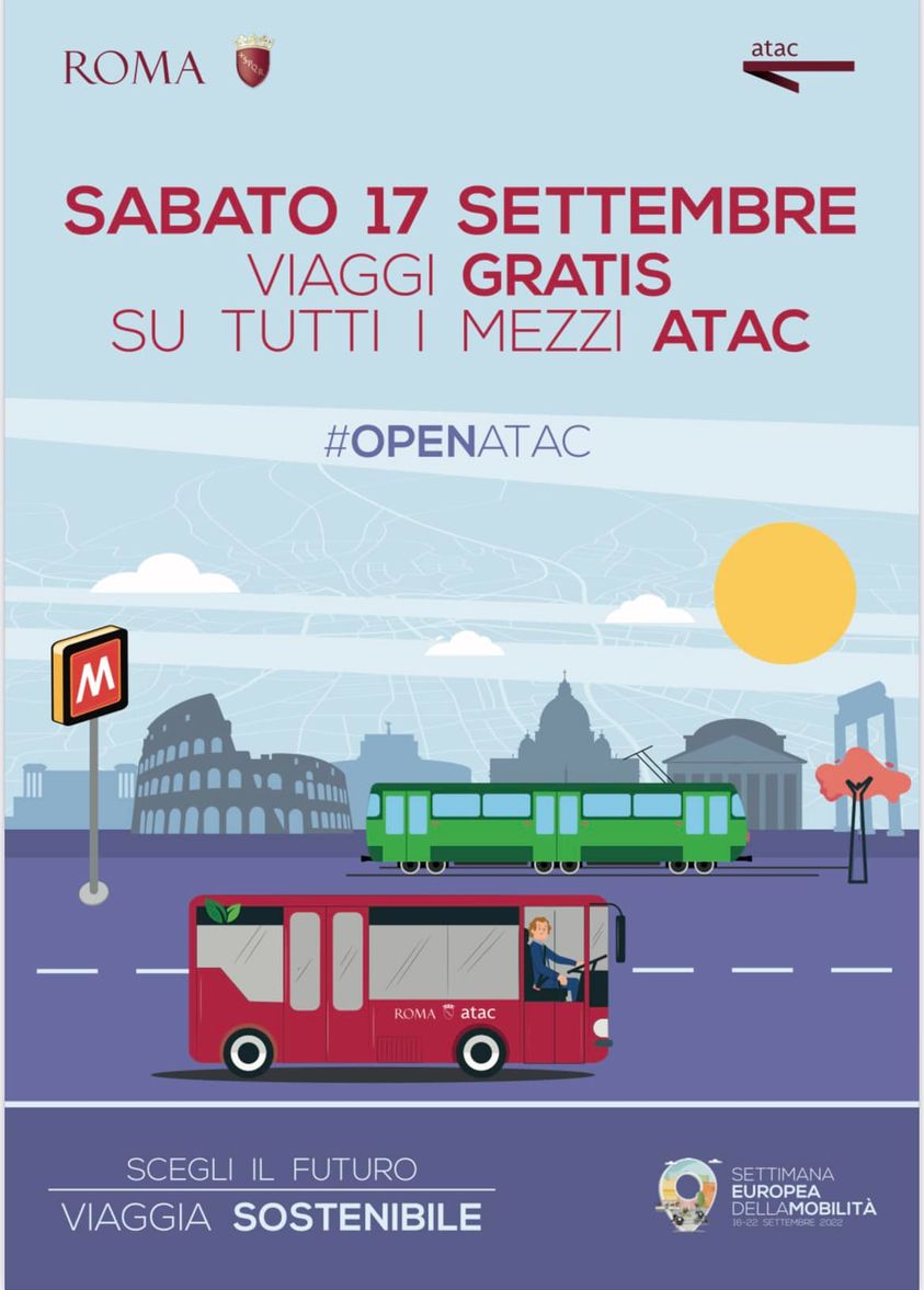 La Giunta di @Roma Capitale nell'ambito della Settimana Europea della Mobilità - #EuropeanMobilityWeek - ha approvato per sabato 17 settembre 2022 la gratuità del trasporto pubblico su tutti i mezzi Atac, in metropolitana e superficie, in tutta la città.