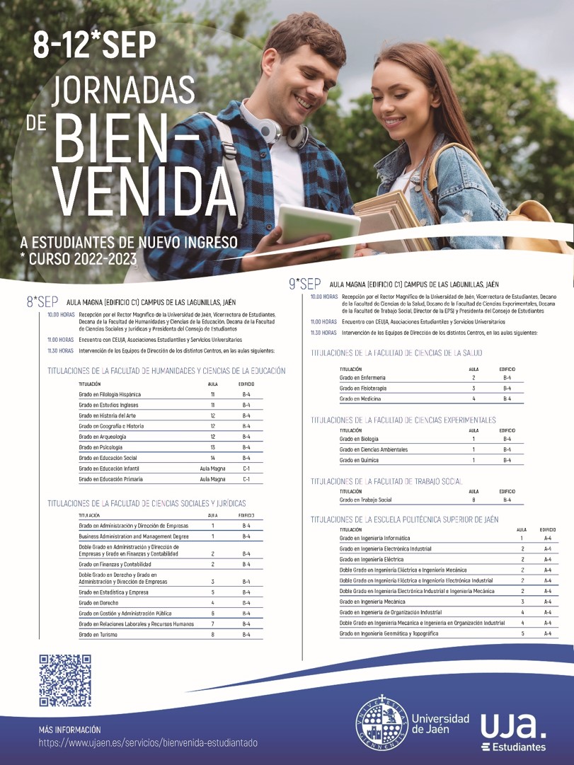 Mañana 9 de septiembre a las 10:00 comenzarán las Jornadas de Bienvenida para los estudiantes de la <a href="/epsjaen/">EPSJ</a>. A partir de las 11:30 en el A4 tendréis una recepción con los miembros de su Equipo Directivo
<a href="/PATEPSJ/">PAT.EPSJ</a> @DelAlEPSuja