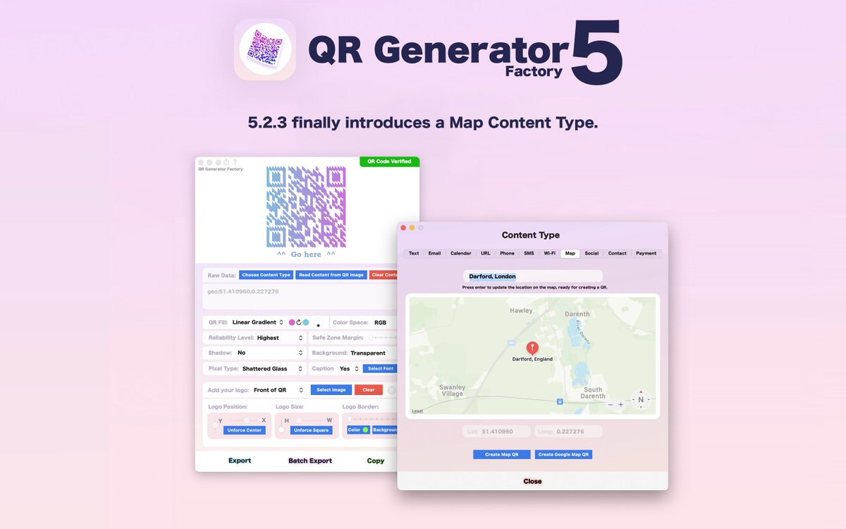 Runecats's tweet photo. The missing puzzle piece - 5.2.3 now has the map content type 👏👏👏 #macOS #QRCode #AppStore https://t.co/f4NUDaYnYe