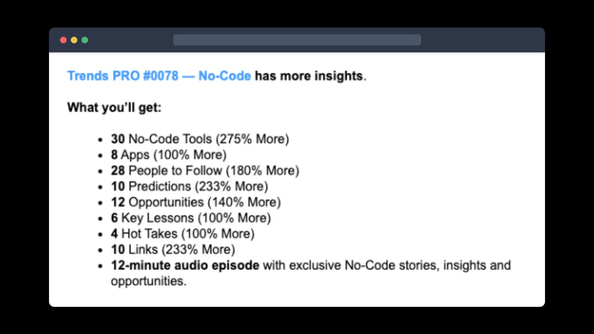 No-Code is a competitive advantage.

It helps you build products faster, cheaper and better.

That's why we've made our PRO report on No-Code FREE for everyone.

To get it: 
➝ Reply to this tweet with the word "code"
➝ And we'll DM you the link. 

Here's what you'll get 👇