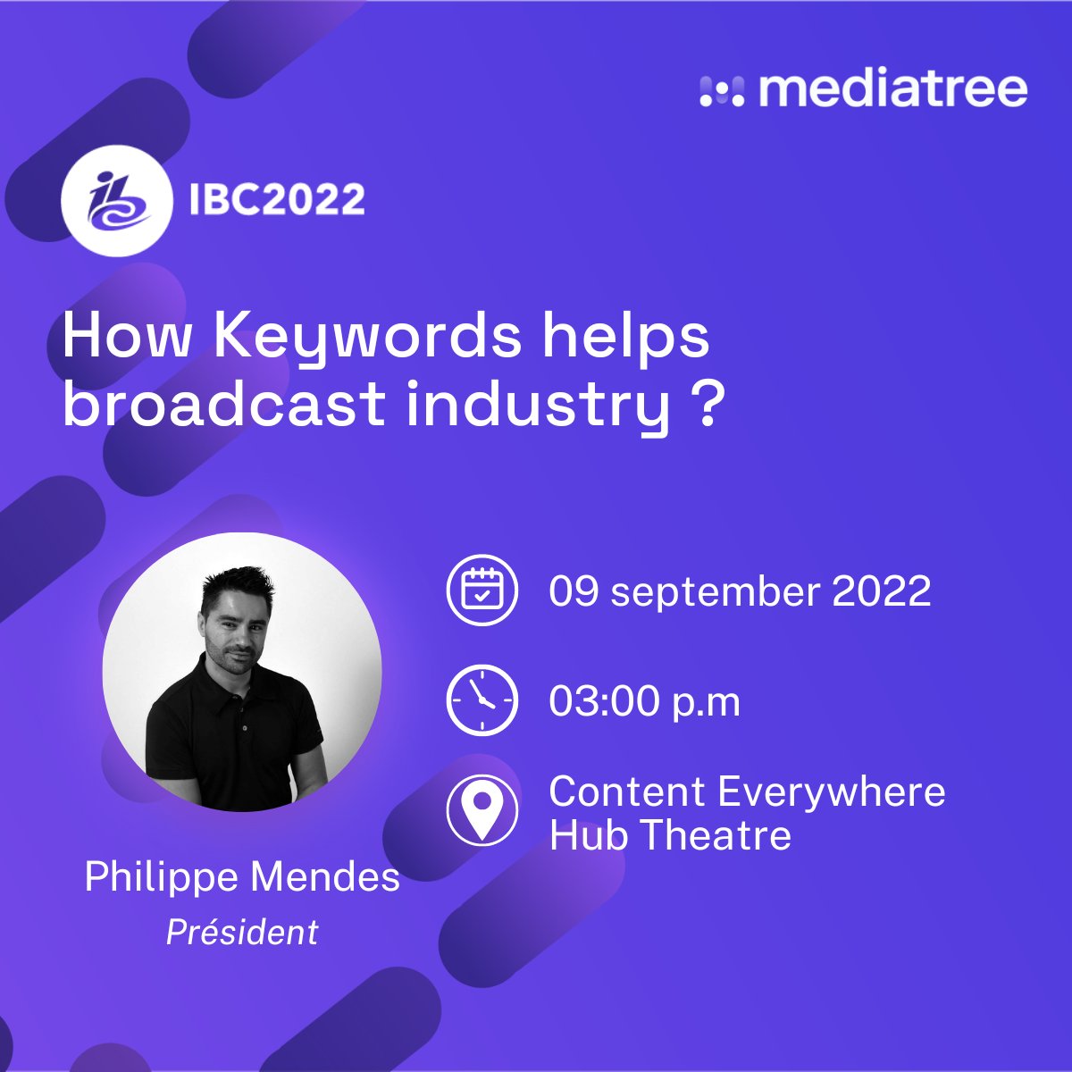 📢Save the date! Tomorrow Philippe MENDES will be at the Content Everywhere Hub theatre to present our #broadcast monitoring solution!
Meeting point:  
📆9 September 2022
📍Content Everywhere Hub Theatre
 🕒03:00 p.m

We are waiting for many of you😉
See you tomorrow! #IBC2022