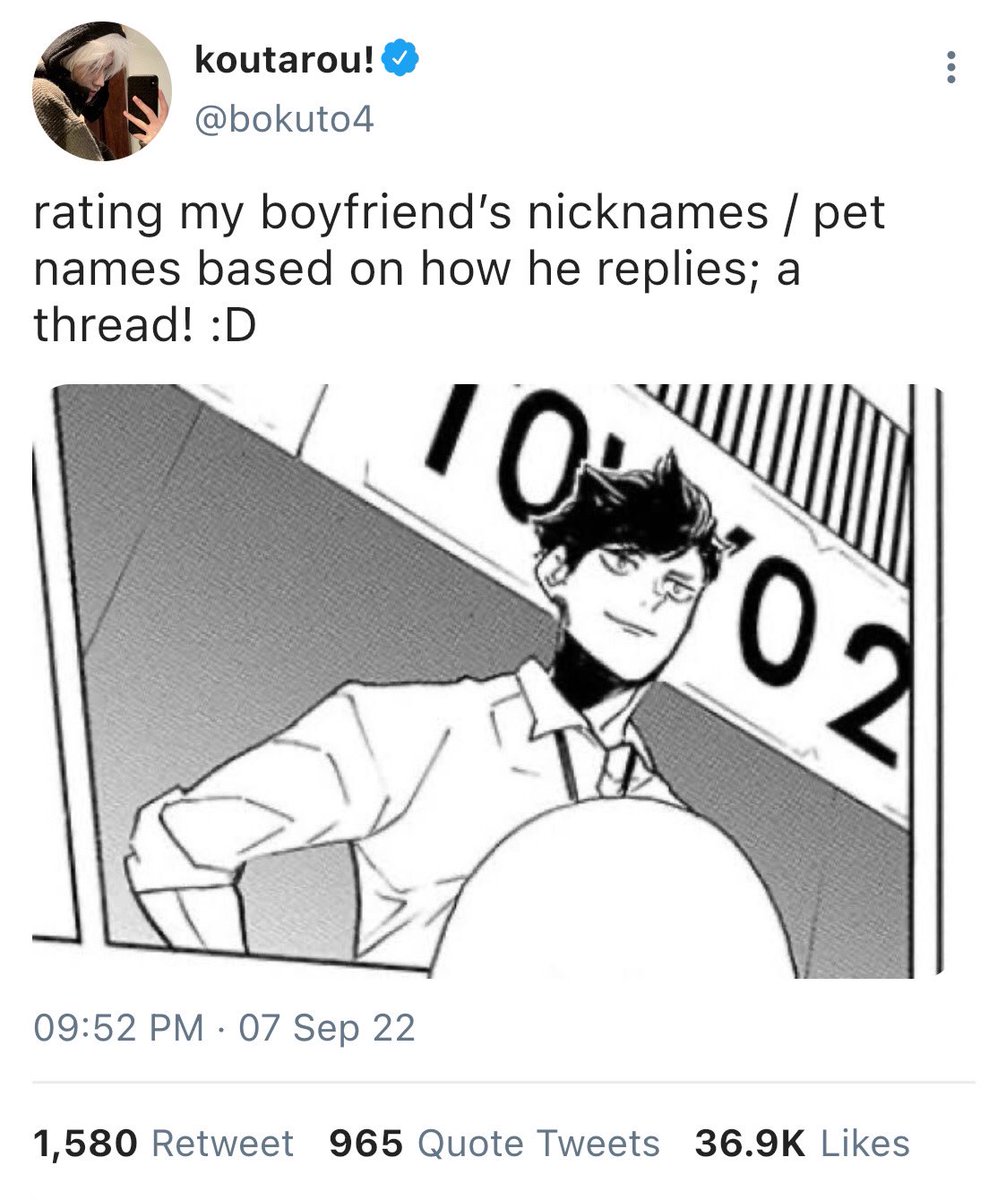 “rating my boyfriend’s nicknames / pet names based on how he replies” — a #BoKuroo socmed AU.