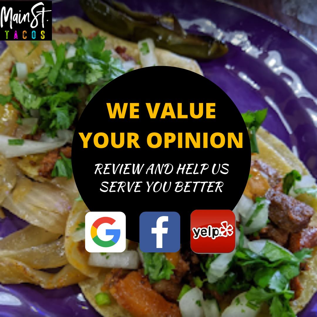 Main_St_Tacos's tweet photo. There’s always room to do better and grow! 
Help us to grow, review us on👇
Google: https://t.co/azXGEtd3eR
FB: https://t.co/pIT7QF5FnU
Yelp: https://t.co/SDRmriV5Rt
THANK YOU!!!!! 🤍💜💙🖤 https://t.co/kvLaUy290C