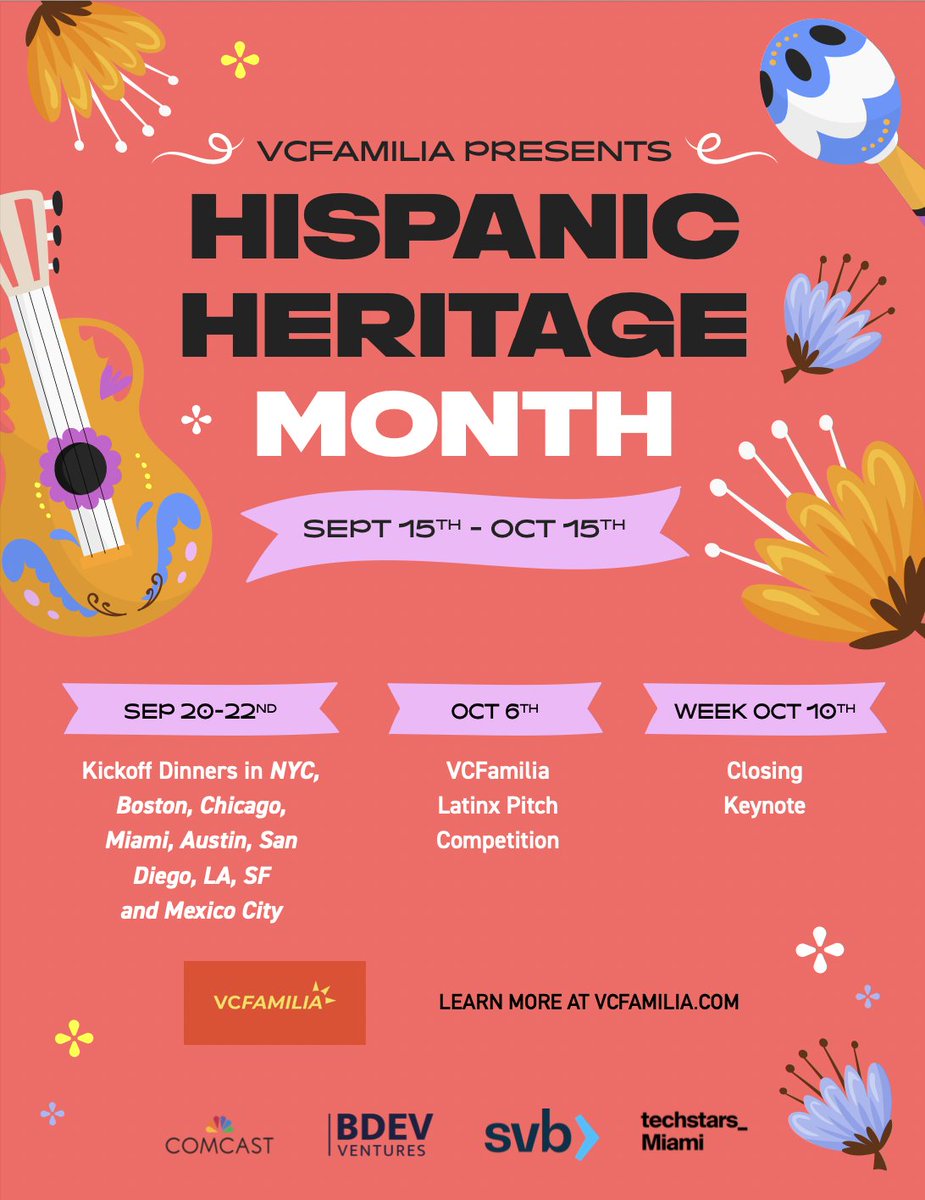 Hispanic Heritage Month is 1 WEEK AWAY! 🚀 Get ready for kickoff dinners in TEN cities, a $50k Latinx pitch competition,  &amp; a keynote featuring one of the biggest Latinx venture titans! Learn more at vcfamilia.com &amp; RSVP