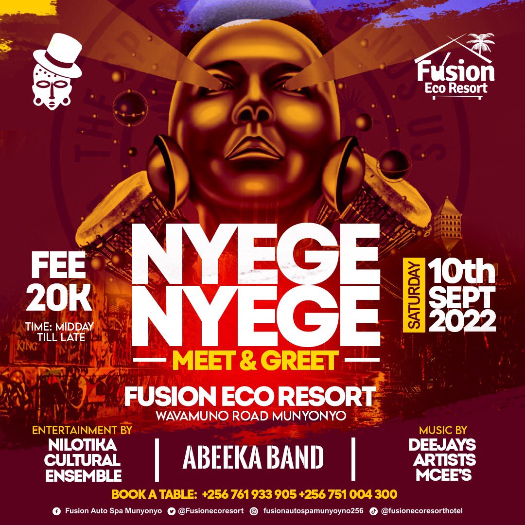 Kobs_Fifi's tweet photo. Don’t miss the amazing @abeeka_ug performing at the Nyege Nyege Meet and Greet this Saturday at @FUSIONECORESORT 
Tax: 20k and 500k a table 🔥
#NyegeNyegeMeetAndGreet 
#FusionEcoResortMunyonyo https://t.co/JfHqE4jHS1