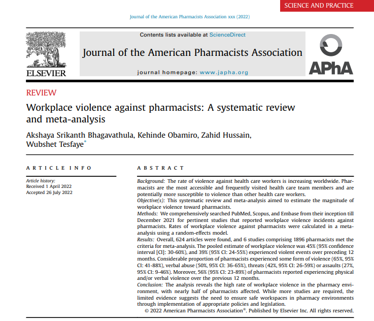IN PRESS: Evidence indicates significant proportion of pharmacists and pharmacy staff, particularly those in community settings, experience workplace violence in their daily practice.
#TwitteRx #pharmacists
japha.org/article/S1544-…