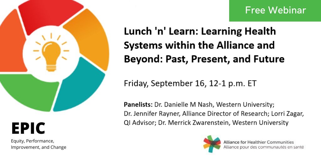 Alliance for Healthier Communities (@allianceon) on Twitter photo Curious about our #LearningHealthSystem journey? Join us for a special lunch ‘n’ learn webinar about the past, present and future of our #LHS w/ <a href="/RaynerJen/">Jennifer Rayner</a>, <a href="/dani_marie28/">Danielle M Nash, PhD</a>, @MzwarEn + Lorri Zagar on Sept. 16. Register here--> bit.ly/3TqNERj #PrimaryHealthCare #ONhealth Curious about our #LearningHealthSystem journey? Join us for a special lunch ‘n’ learn webinar about the past, present and future of our #LHS w/ <a href="/RaynerJen/">Jennifer Rayner</a>, <a href="/dani_marie28/">Danielle M Nash, PhD</a>, @MzwarEn + Lorri Zagar on Sept. 16. Register here--> bit.ly/3TqNERj #PrimaryHealthCare #ONhealth