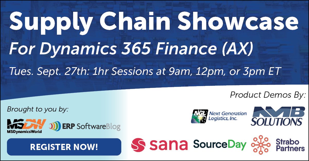 CRMSoftwareBlog's tweet photo. Our Supply Chain Showcase wouldn't be possible without our Sponsors!

A big thank you to @sanacommerce , @SourceDay , @NMBSolutions , @StraboPartners , and @next_logistics 

https://t.co/XKbRC98Ey8 

#msdynax #msdyn365fo #microsoftdynamics365 #msdyn365 #dynamics365 #supplychain https://t.co/8sY82kLZeQ
