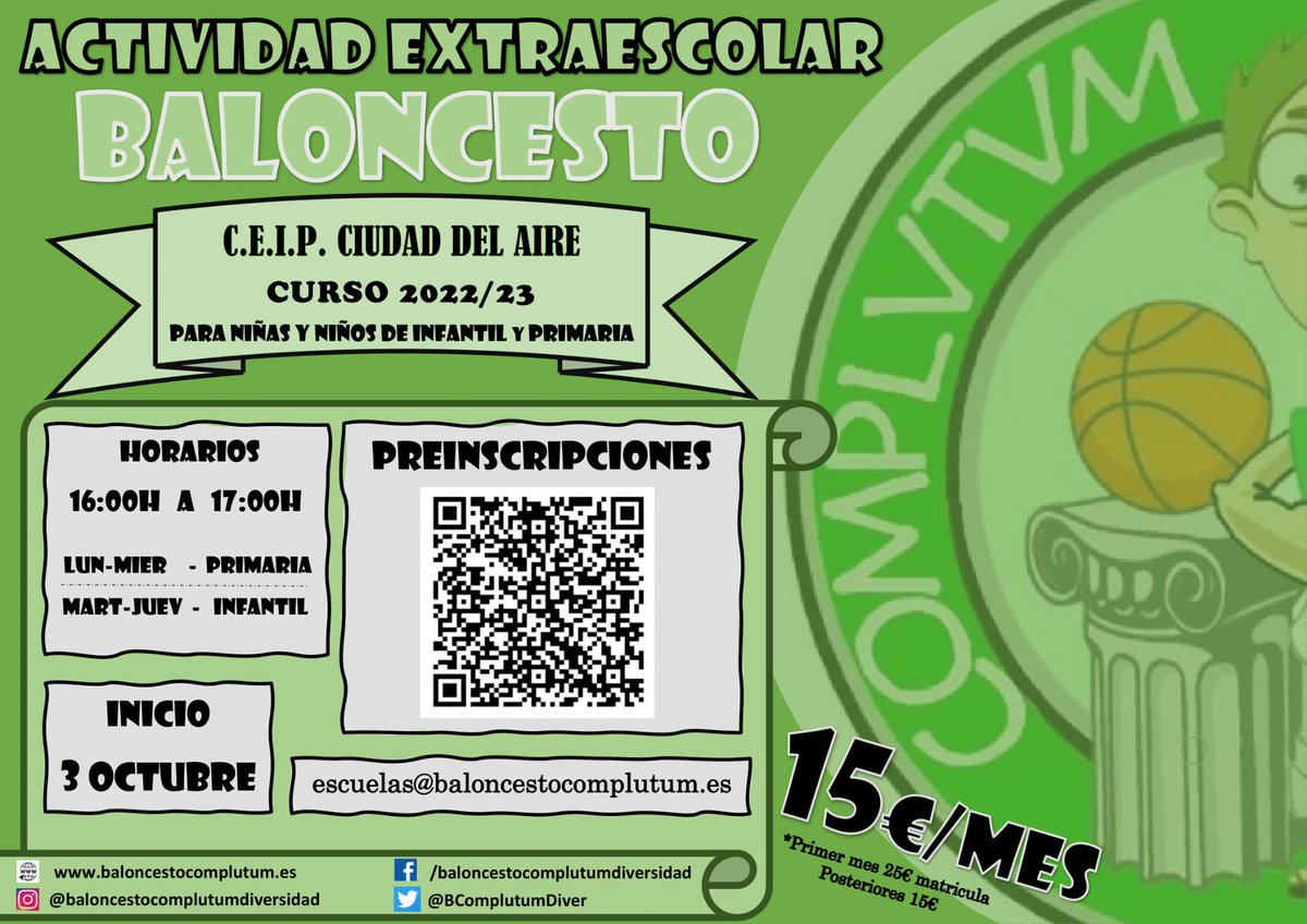 Este año... ¡¡estrenamos escuela de baloncesto!! 

Estaremos esperandote en el CEIP Ciudad del Aire,  agradecemos al colegio y al AMPA la confianza despistada en nosotros. 

Preinscribete aquí ➡️ forms.gle/veNYMfqwLLc1Di…