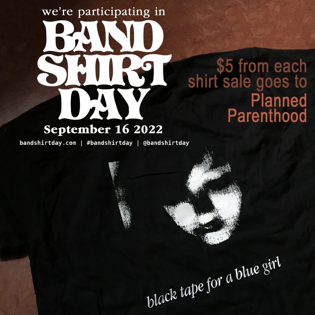 Sam Rosenthal ๐ป black tape for a blue girl (@blacktapesam) on Twitter photo Next Friday, September 16, is #BandShirtDay. Black Tape For A Blue Girl donates $5 from every shirt sale to Planned Parenthood. <a href="/ppsworegon/">Planned Parenthood</a> <a href="/bandshirtday/">bandshirtday</a> ๐ <a href="/spotifyartists/">Spotify for Artists</a> Both shirt designs at: blacktapeforabluegirl.bandcamp.com/merch Next Friday, September 16, is #BandShirtDay. Black Tape For A Blue Girl donates $5 from every shirt sale to Planned Parenthood. <a href="/ppsworegon/">Planned Parenthood</a> <a href="/bandshirtday/">bandshirtday</a> ๐ <a href="/spotifyartists/">Spotify for Artists</a> Both shirt designs at: blacktapeforabluegirl.bandcamp.com/merch
