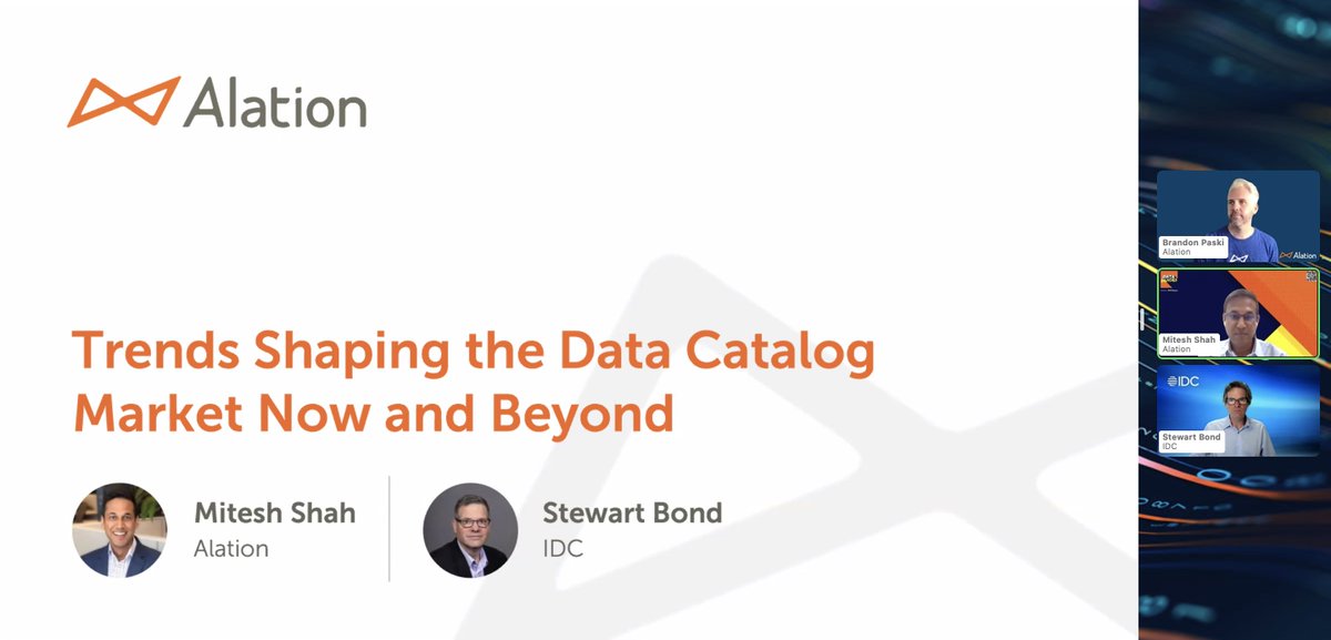 Alation's tweet photo. And we're live! Our #DataDialog kicks off with our host & VP, Market Strategy, Mitesh Shah, introducing @StewartLBond from @IDC. We're excited to get started.
Hop in here π https://t.co/JVkxhOiYCK #DataCatalog https://t.co/mwGZCmXheD