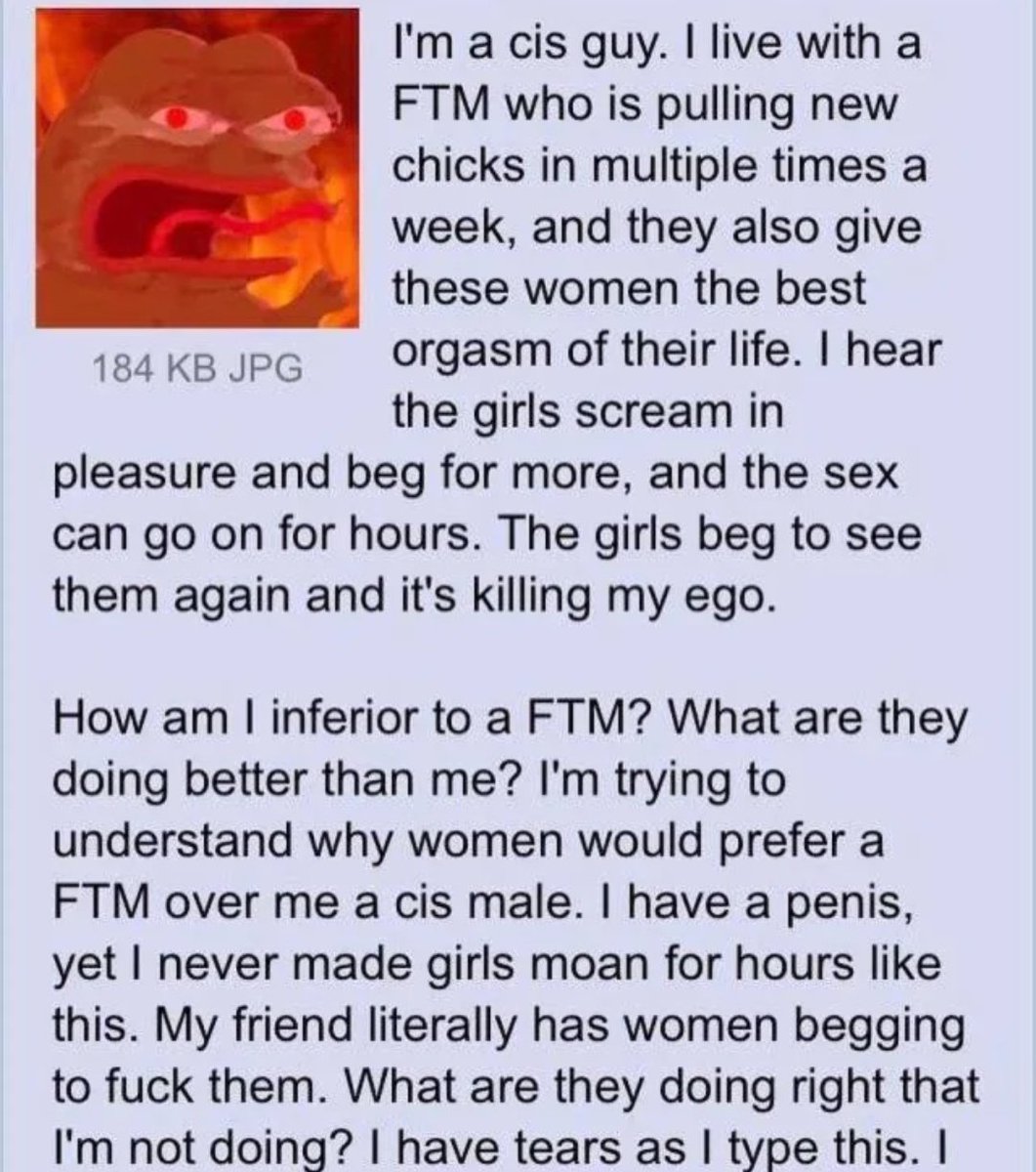 TransiTorri's tweet photo. Can I be the one to tell him silicone and vibrators don't quit before they climax and keep going after they finish?
Cis friends, if all you bring to the bedroom is "I have a penis" step up your game.
#transgender #lgbt #cismen #transmen #transmasc #queer https://t.co/wtfQIOIY8I