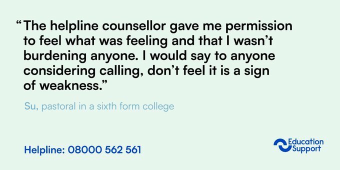 An important reminder that sharing what’s on our mind with a skilled listener, or someone we trust, can make a big impact on how we feel 👇

Please share our helpline number with your colleagues. We're here for all education staff, whenever you need us 🤗

📞: 08000 562 561