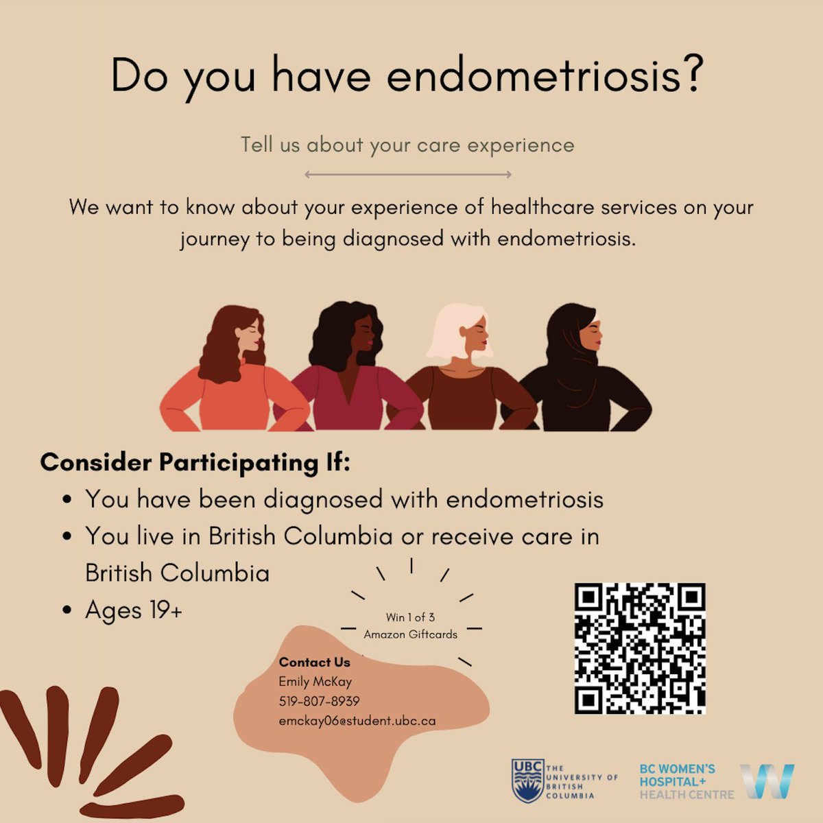 Our colleagues at <a href="/UBCNursing/">UBC Nursing</a> want to know about your experience of healthcare services along your journey to being diagnosed with endometriosis in BC.  Please consider taking their survey!

ow.ly/Y3mf50KAzbW