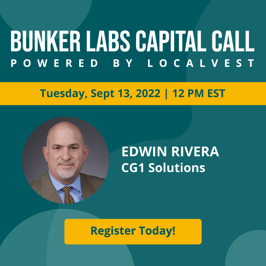localvest's tweet photo. Join Edwin Rivera and CG1 Solutions on September 13th at 12pm EST for the online inaugural Bunker Labs Capital Call powered by Localvest.

Register: https://t.co/Desp4fUGDf

#PitchToInvestors #LiveEvent #VeteransHelpingVeterans #Entrepreneur #Vetpreneur #SmallBusinesses https://t.co/5z0psRWFOi