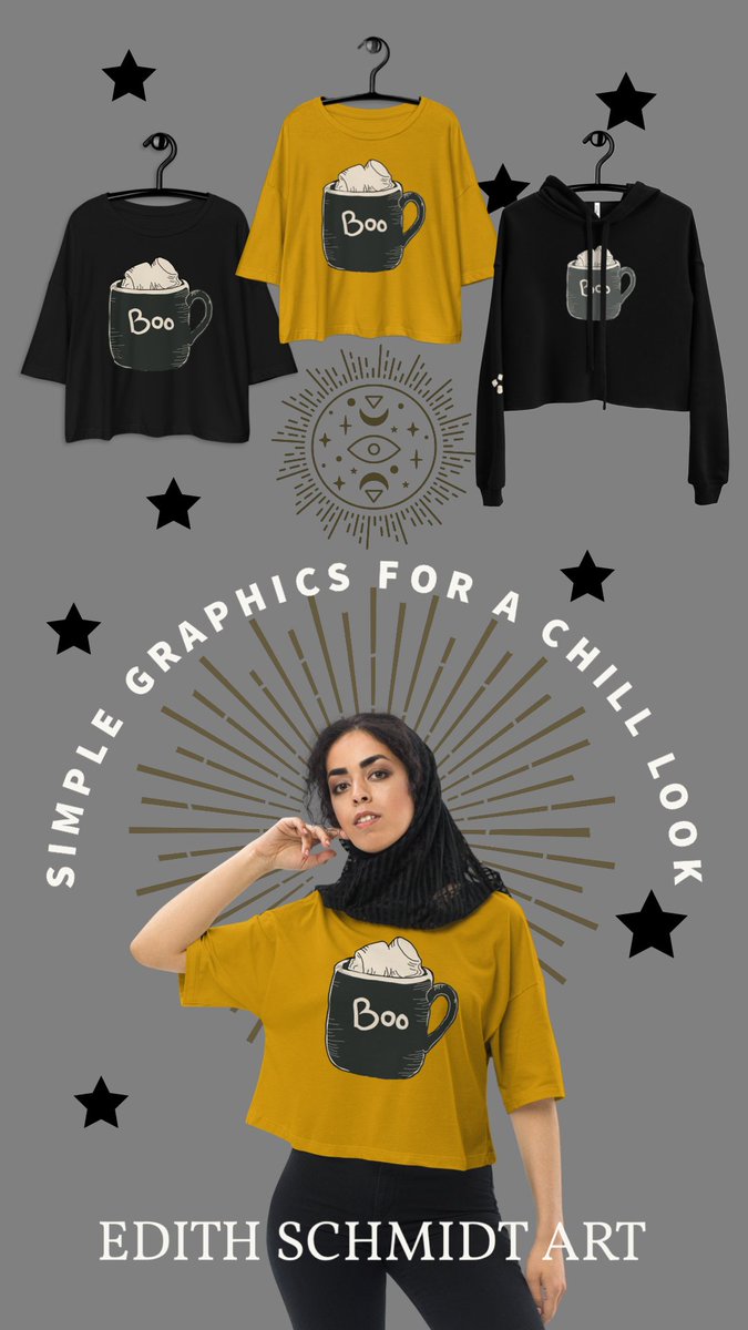 EdithSchmidtLLC's tweet image. Boo Mug filled with marshmallows graphic art crop top and hoodies. Visit my store for our growing Halloween collection. #Boo #halloween #graphicart #croptop #seasonal