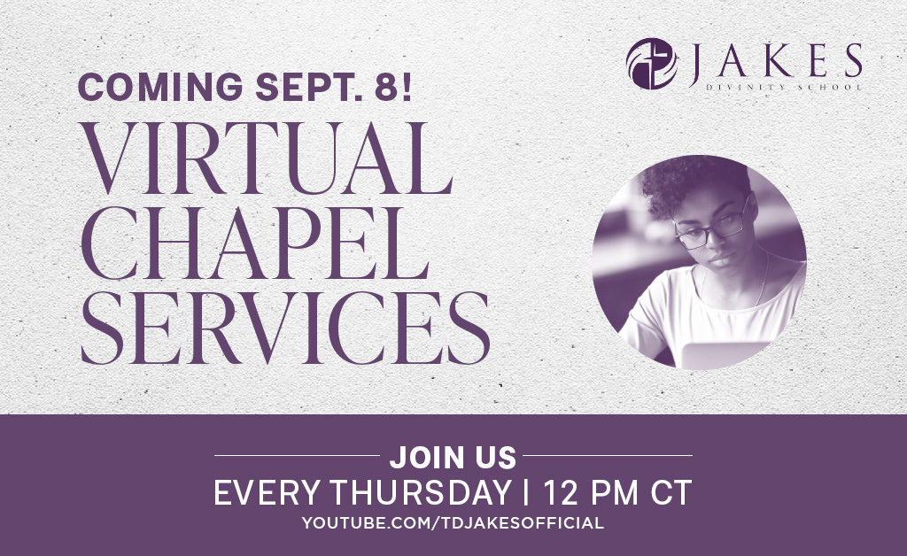 The @JakesDivinity chapel service is streaming NOW! Don’t miss the worship, teaching, scripture reading, and encouragement that #JakesDivinitySchool offers. Be a part of it at YouTube.com/TDJakesOfficial