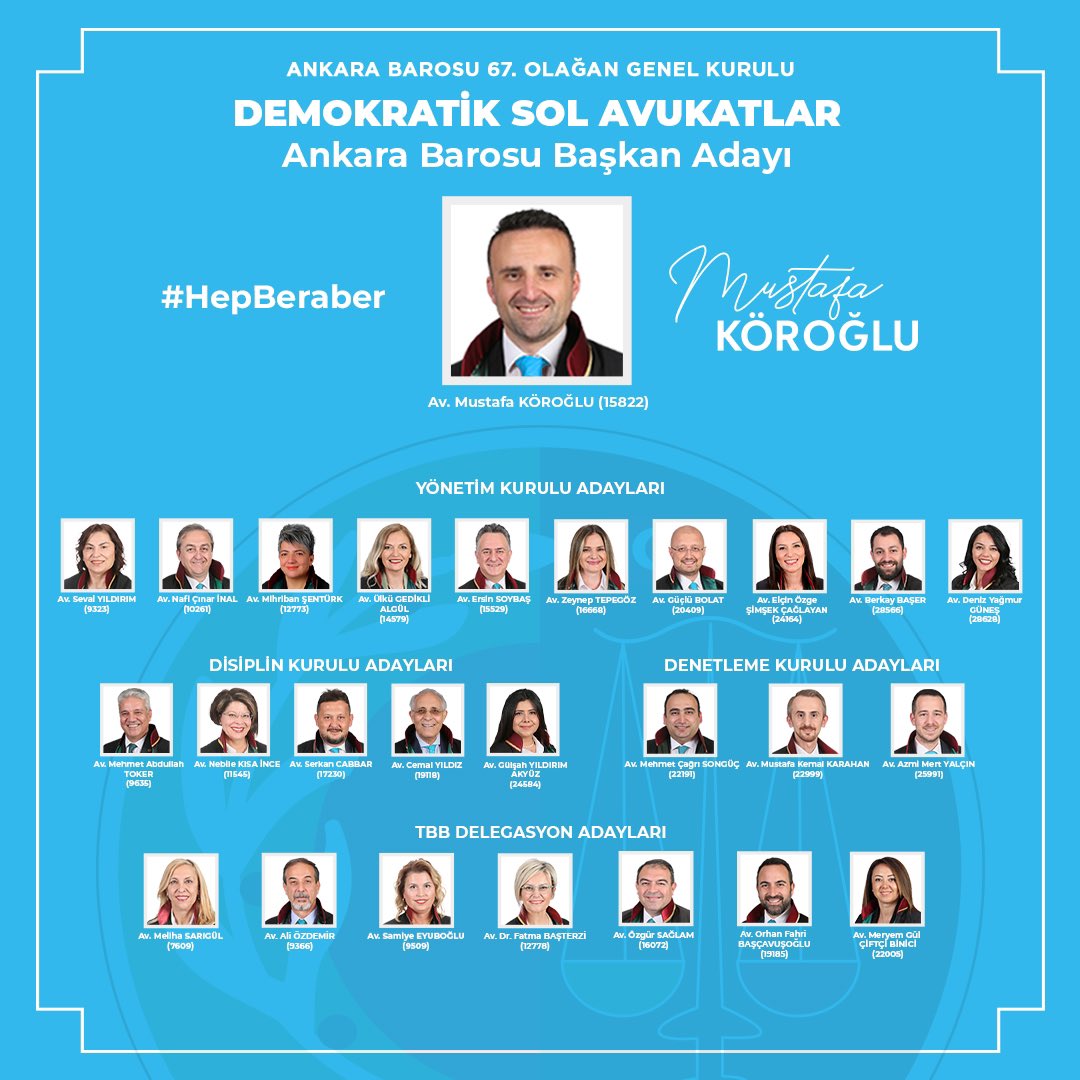 Demokratik Sol Avukatlar Grubu adına Ankara Barosu 67. Olağan Genel Kurulu'nda geçmişten gelen tecrübe ve liyakatla Ankara Barosu'nu yönetmeye aday listemiz