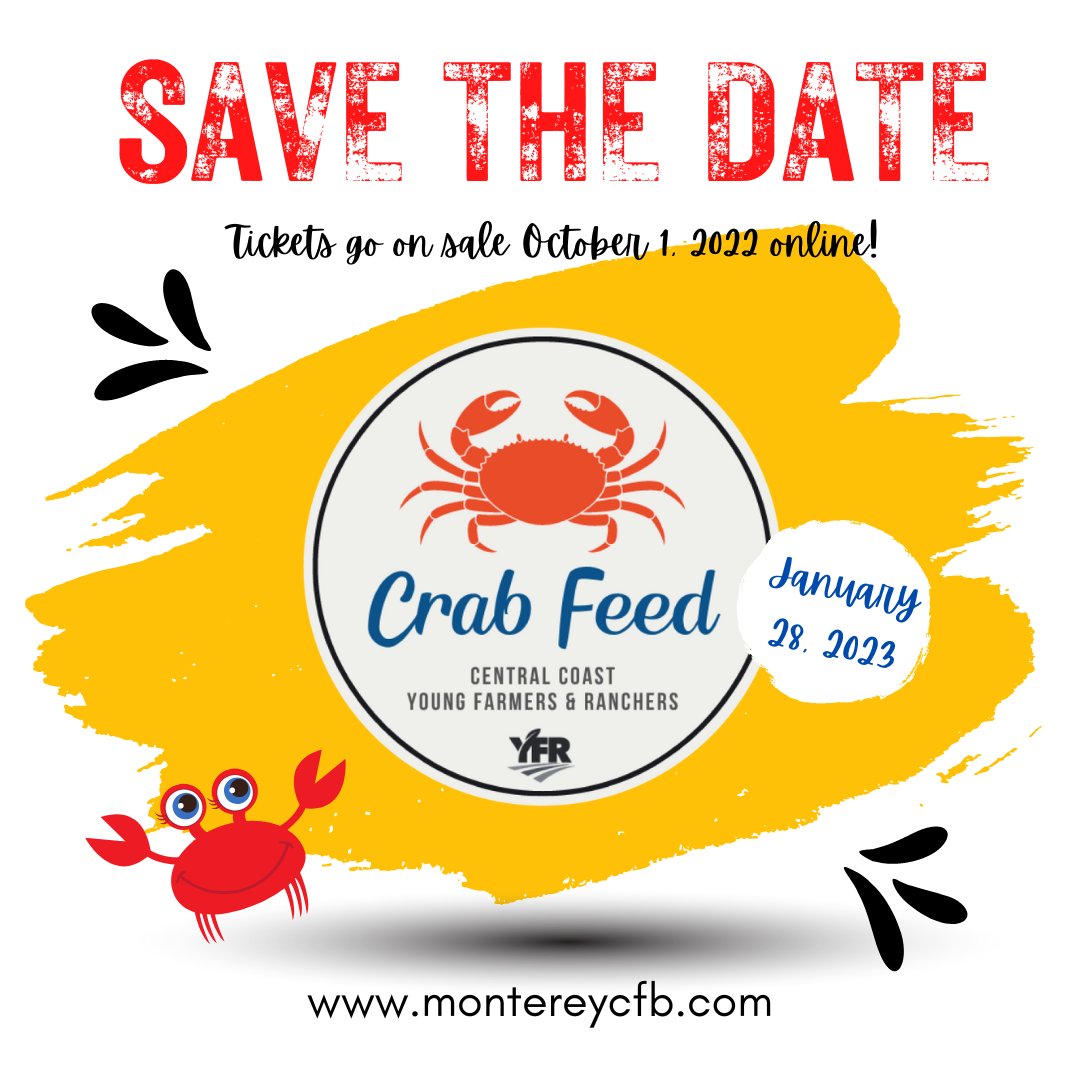MontereyCFB's tweet image. Join us January 28, 2023 at the Salinas Sports Complex for our 18th @ccyfr Crab Feed! Ticket sales begin October 1, 2022 online! #ccyfr #montereycfb #cfbf #montereycounty #sanbenitocounty #annualcrabfeed #scholarships #stillfarming #makingitpossible
#prayforrain #agriculture