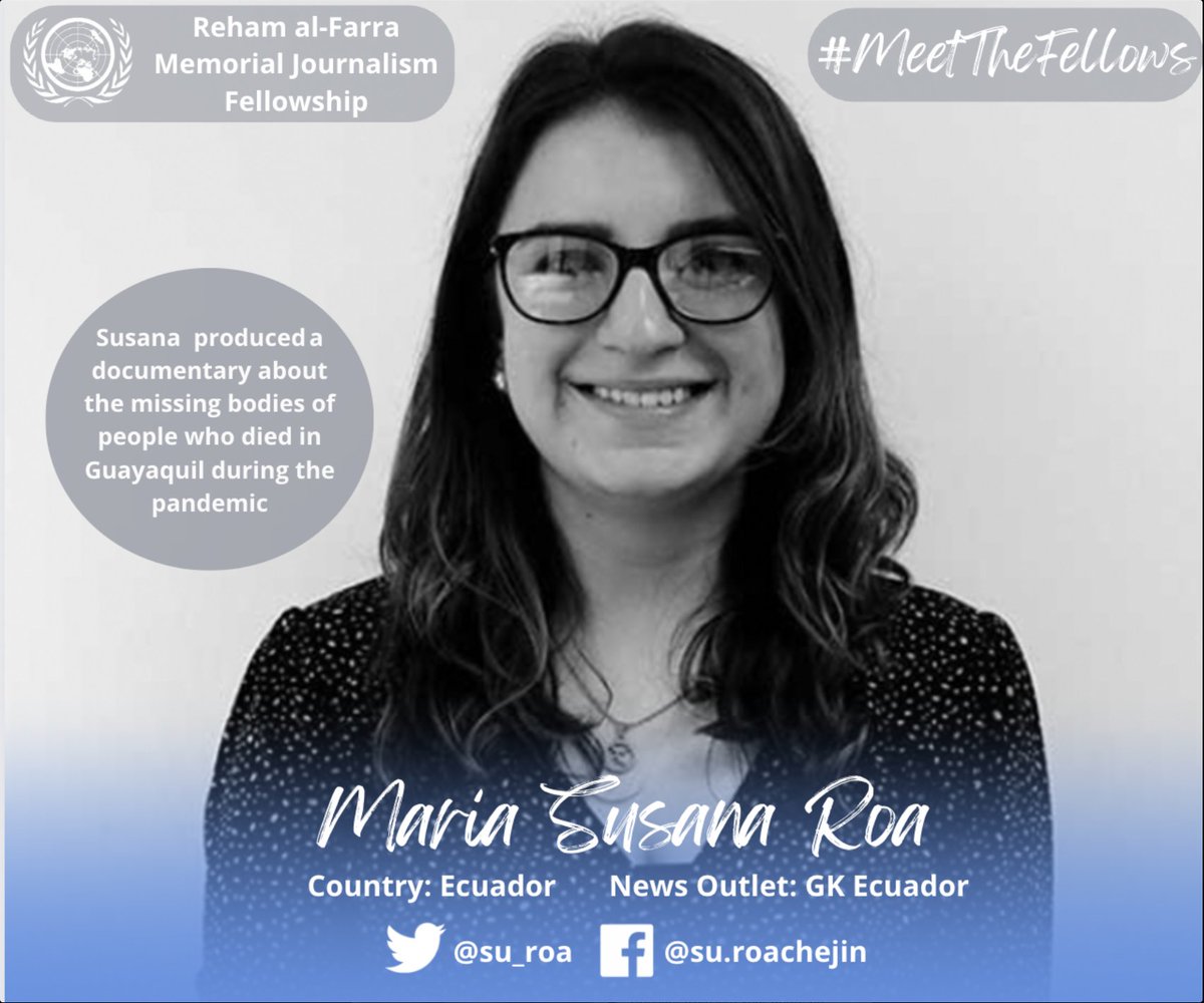 UN RAF Journalists #ReportWithRAF (@unraf) on Twitter photo Announcing <a href="/su_roa/">Susana Roa Chejin</a> from Ecuador a 2022 #UNRAF Fellow!
Susana specializes in covering the economy, sexual and reproductive rights, and human rights. She produced a documentary about the missing bodies of people who died in Guayaquil during the pandemic.
#MeetTheFellows Announcing <a href="/su_roa/">Susana Roa Chejin</a> from Ecuador a 2022 #UNRAF Fellow!
Susana specializes in covering the economy, sexual and reproductive rights, and human rights. She produced a documentary about the missing bodies of people who died in Guayaquil during the pandemic.
#MeetTheFellows