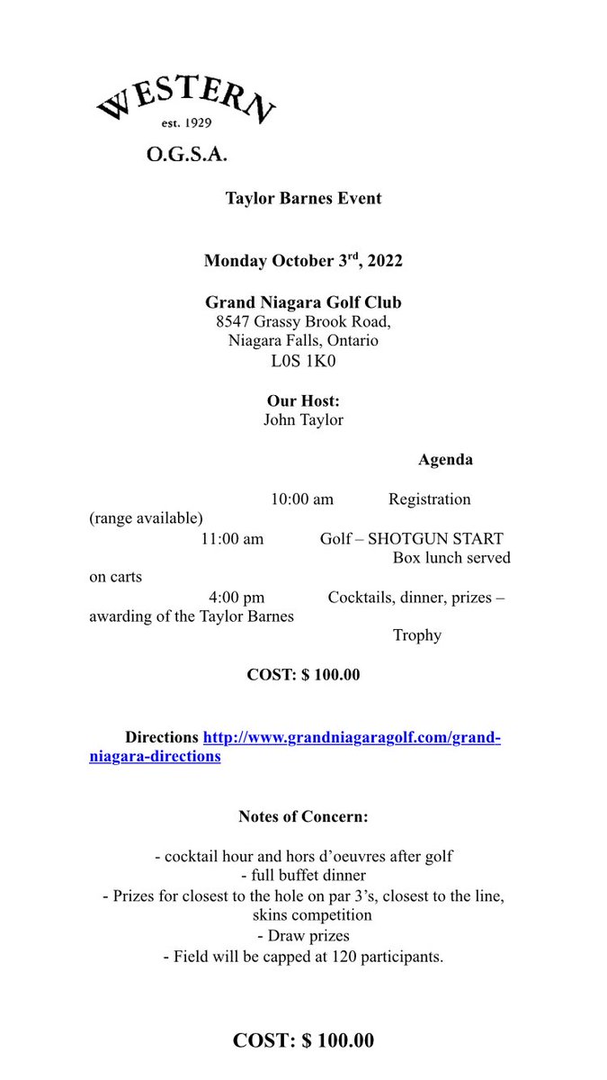2022 TAYLOR BARNES EVENT at GRAND NIAGARA GC

Monday,Oct. 3

Visit WOGSA.ca for registration details. 

Only Email registrations will be accepted.