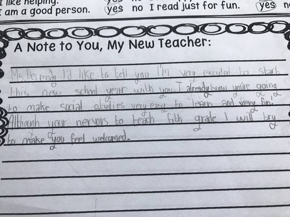 msdermody's tweet image. 5th grade is fun! Notes from my new students. ❤️ #bekind #weeback @SuzanneMera @WeehawkenTSD