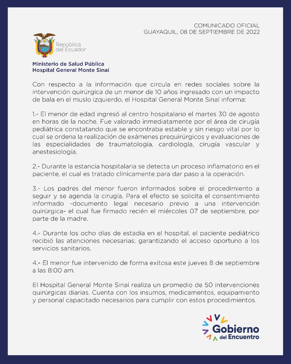 Hospital General Monte Sinaí 🇪🇨 (@hgmontesinai) on Twitter photo Ante las versiones que circulan en redes sociales sobre la intervención de un menor de edad con un proyectil de bala en su muslo izquierdo.
El <a href="/HGMonteSinai/">Hospital General Monte Sinaí 🇪🇨</a> informa lo siguiente: Ante las versiones que circulan en redes sociales sobre la intervención de un menor de edad con un proyectil de bala en su muslo izquierdo.
El <a href="/HGMonteSinai/">Hospital General Monte Sinaí 🇪🇨</a> informa lo siguiente: