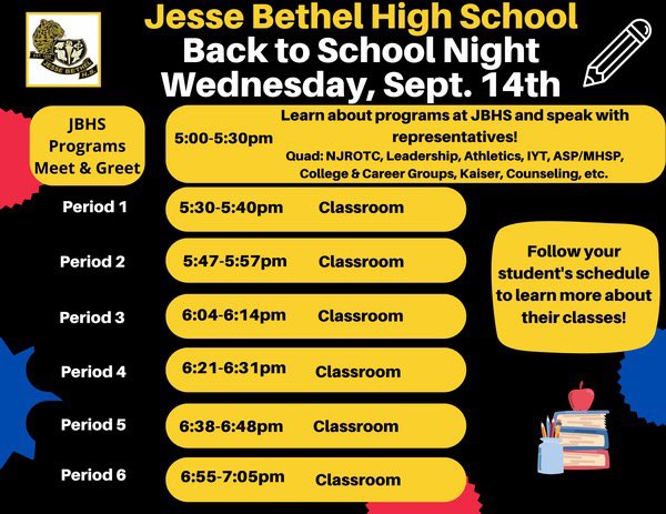 Join us Wednesday, Sept. 14th for JBHS’ Back to School Night!!!! 💖💖