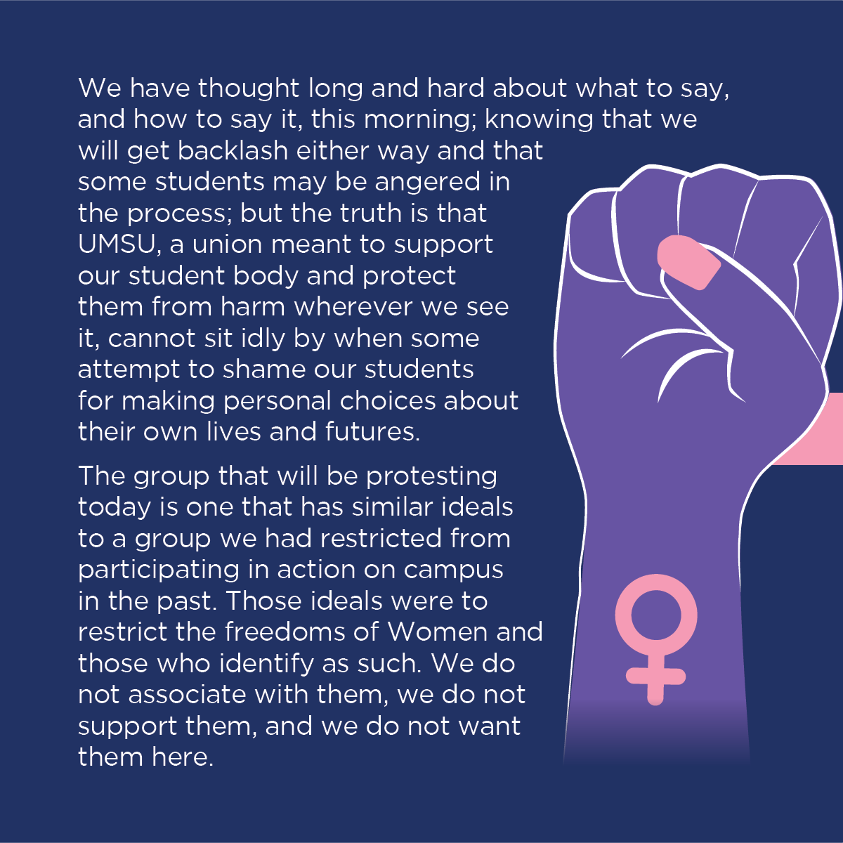 MyUMSU's tweet photo. UMSU supports a woman's right to freedom of reproductive choice; and a women's right to be free from coercion or attempted coercion with respect to reproductive choices. UMSU opposes any act of coercion or attempted coercion with respect to making reproductive choices.

#MyUMSU https://t.co/S5EMZP2pYp