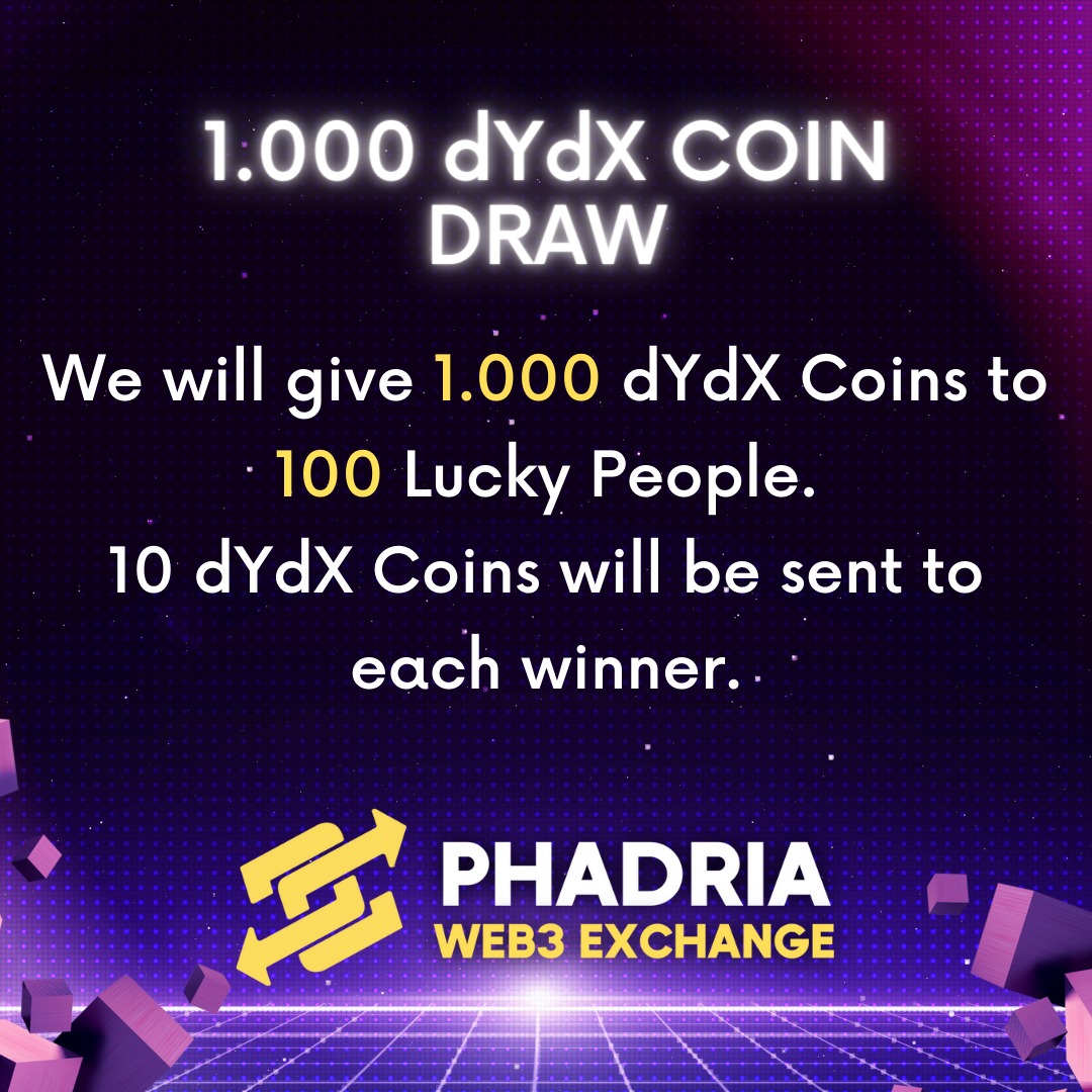 💠 Reward : 1.000 dYdX Award To 100 Lucky People ☀️ Draw Link : gleam.io/competitions/8… THE WORLD'S FIRST WEB3 CRYPTO EXCHANGE 🥇 PANCAKESWAP LIQ LOCKED 🔐 BUY SELL FEE '' 0 '' 👍 WILL NOT PRESALE 🚀 WILL NOT AIRDROP 🚀 100% PRICE PROTECTION 🛡 NO Whales 🛡 #phadria #riacoin