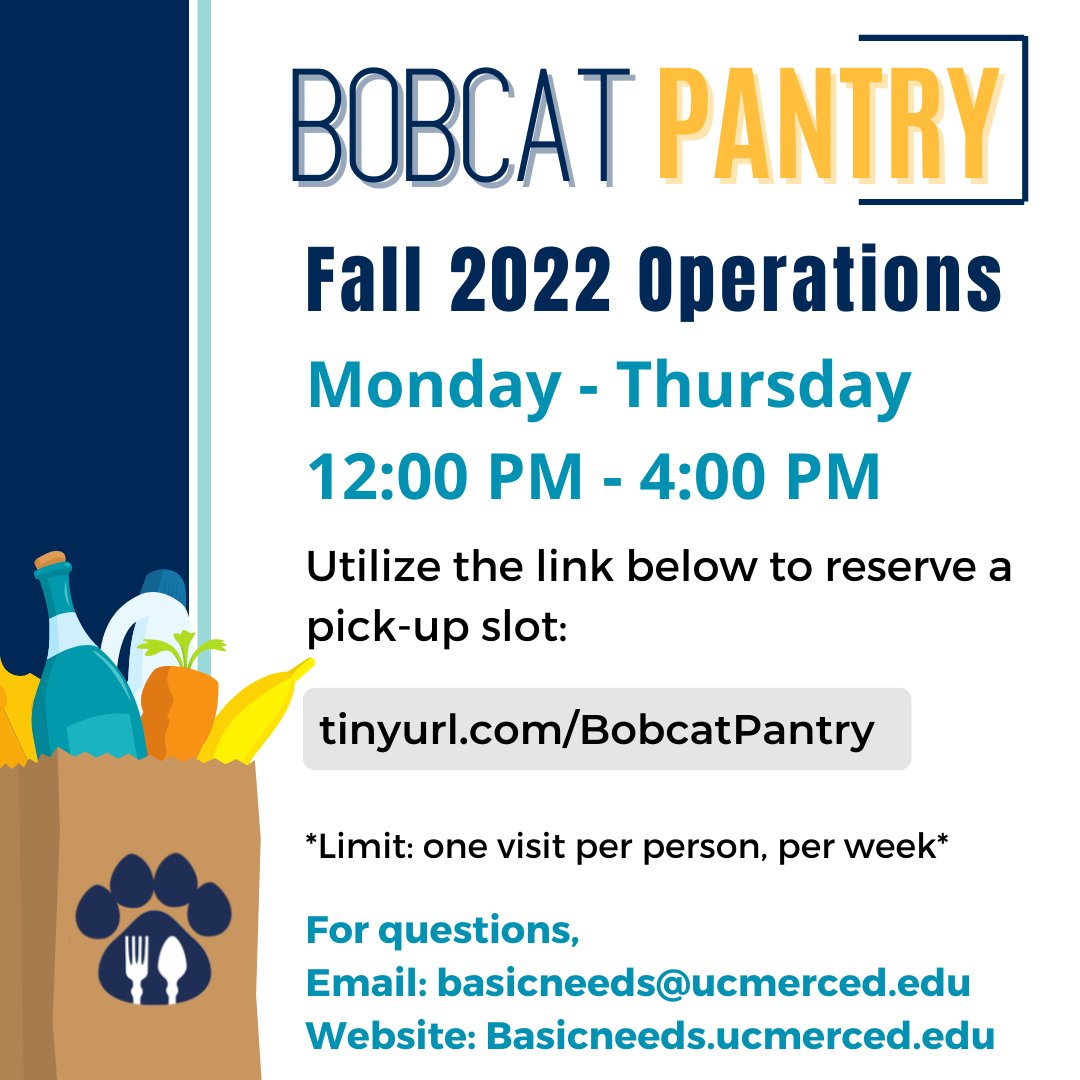 UCMBasicNeeds's tweet photo. Hello Bobcats! 

The Bobcat Pantry is open for in-person operation. In order to receive your food allotment, make sure to reserve your pick-up time using this link: https://t.co/aC4mGFEMZM https://t.co/M4ZAmtmLz2