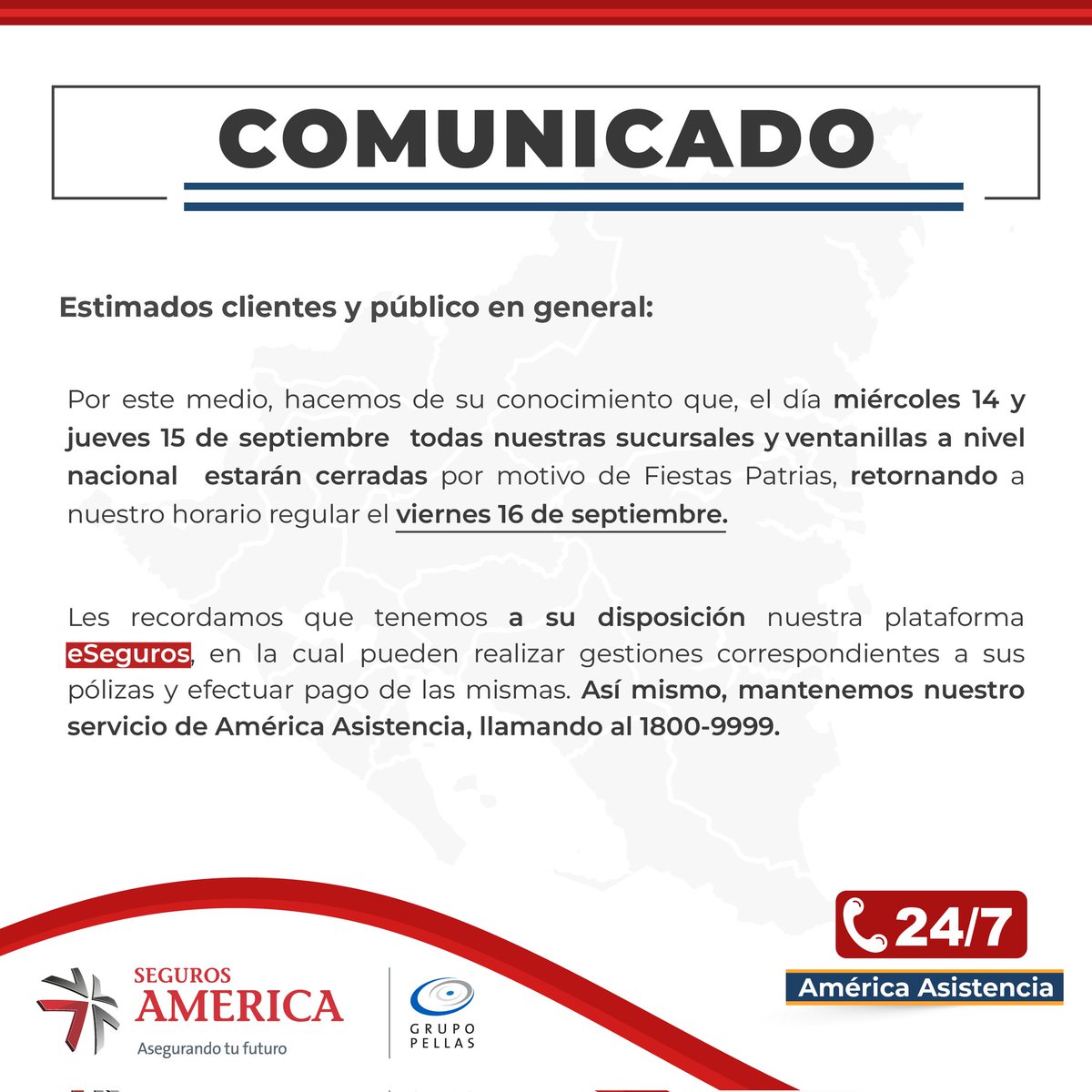 🚨#Comunicado Estimados asegurados y público en general, les hacemos de su conocimiento el siguiente comunicado.
Recuerda que tienes a disposición 24/7: 
🚗 Asistencia Vial 1800-9999 
📱 Adquirir tu Seguro Obligatorio En Línea Aquí cutt.ly/VentaenLinea