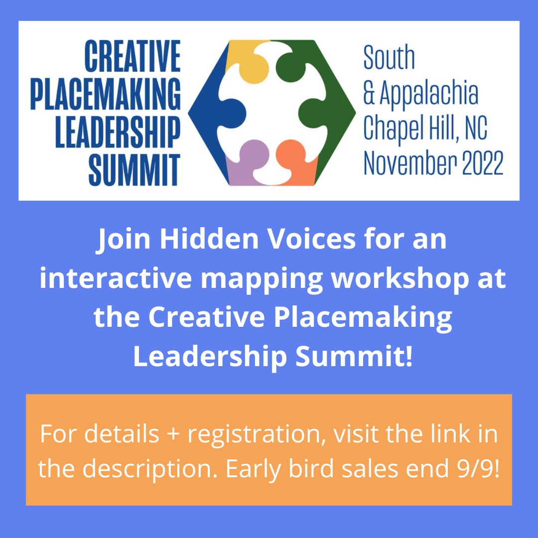 JOIN US on Nov. 4th in Chapel Hill for an interactive mapping workshop offered through the Creative Placemaking Leadership Summit. Come learn with us! 

Visit southarts.org/.../creative-p…... for more details and registration. Early bird sales end TOMORROW!💫