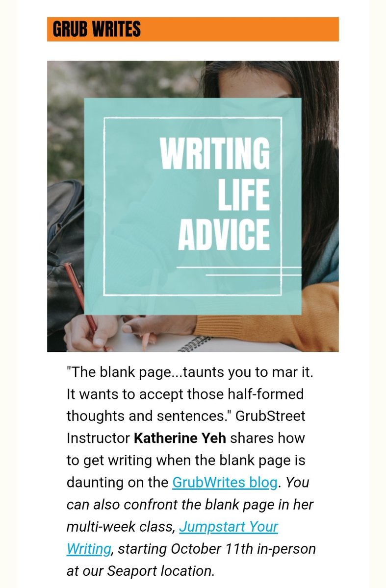 Wrote something for <a href="/GrubWriters/">GrubStreet</a>' Writing Life Advice. Check it out and sign up for the class! grubstreet.org/blog/what-to-d…